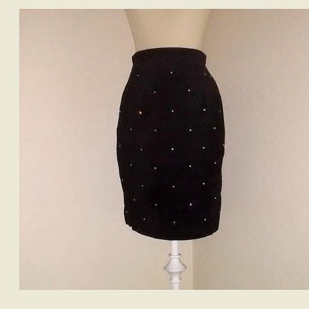 Vintage 90s Maxima black real suede leather rhinestone high waisted skirt